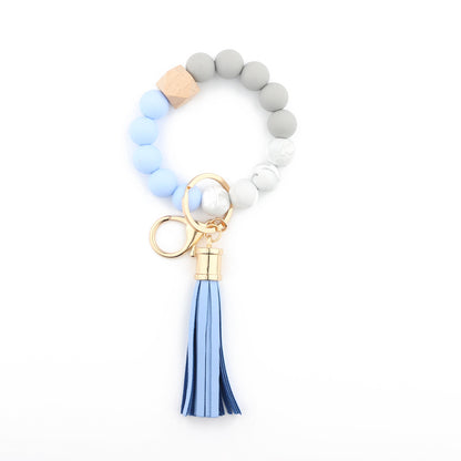 Silicone Bead Wristlet Keychain with Wooden Hexagon Bead Tassel 12