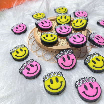 20Pcs Silicone Focal Beads Smiley Flower Smiling Face with Daisy Crown 3