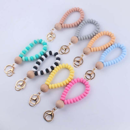 Flat Silicone Bead Wristlet Keychain with Wooden Accent