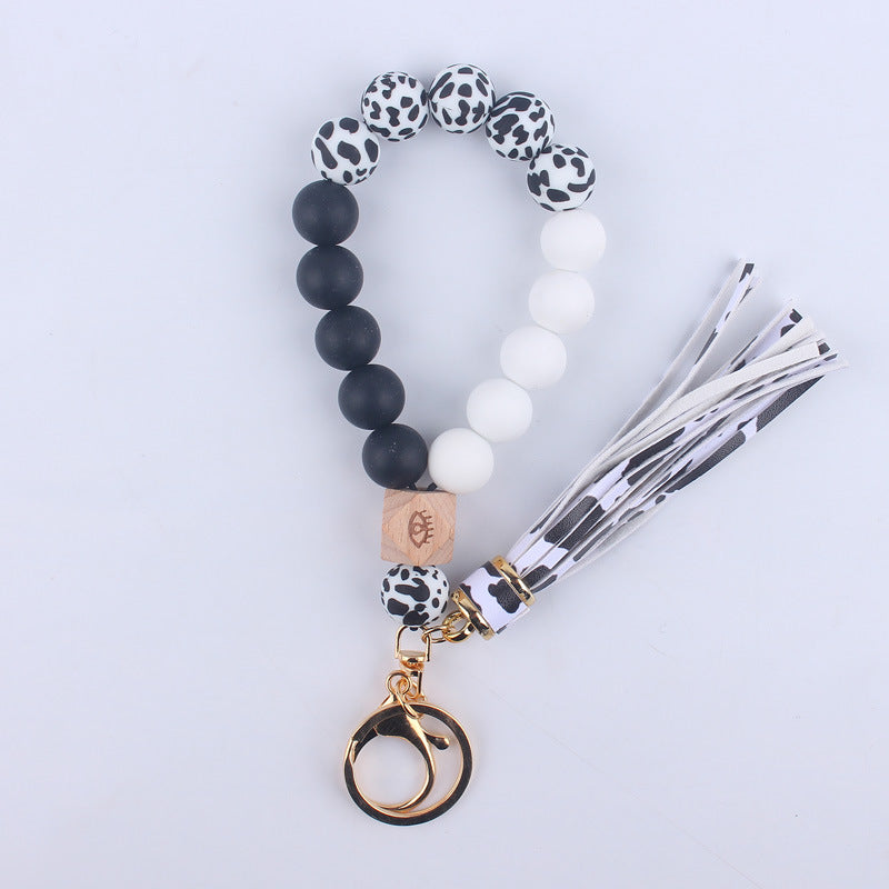 Beech Wood with Eyes Octagonal Tassels Silicone Bead Wristlet Keychain 6