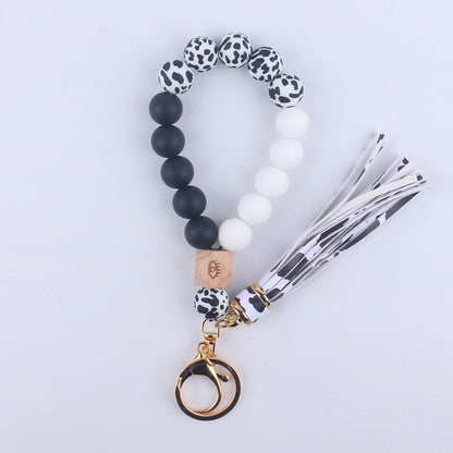 Beech Wood with Eyes Octagonal Tassels Silicone Bead Wristlet Keychain 6