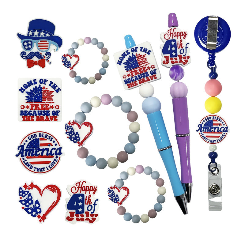 20Pcs Silicone Focal Beads Independence Day Printed Text and Flag Design 5