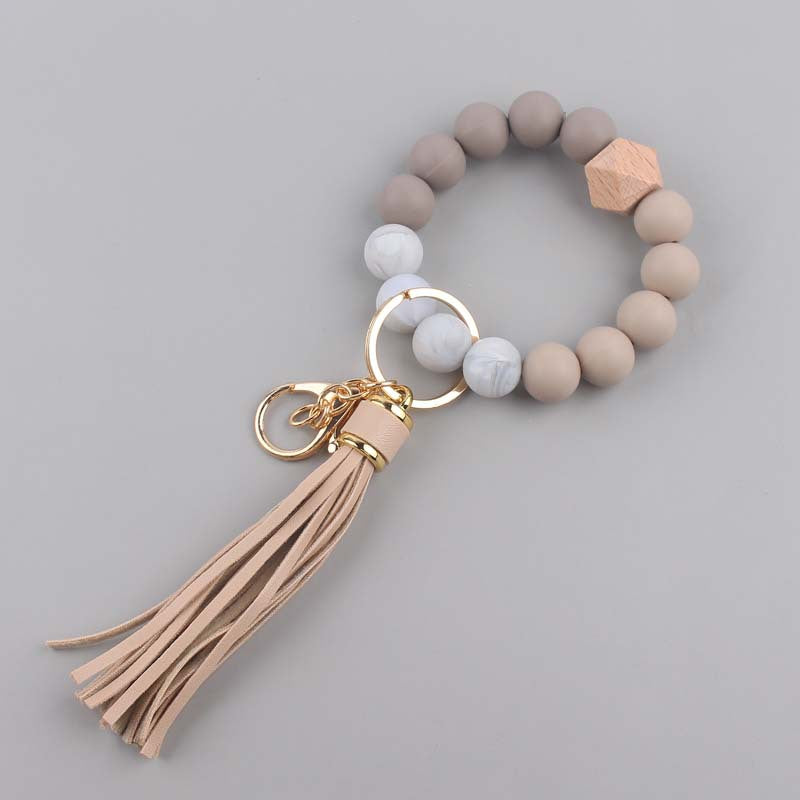 Leather PU Tassel Silicone Bead Wristlet Keychain 11