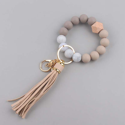 Leather PU Tassel Silicone Bead Wristlet Keychain 11