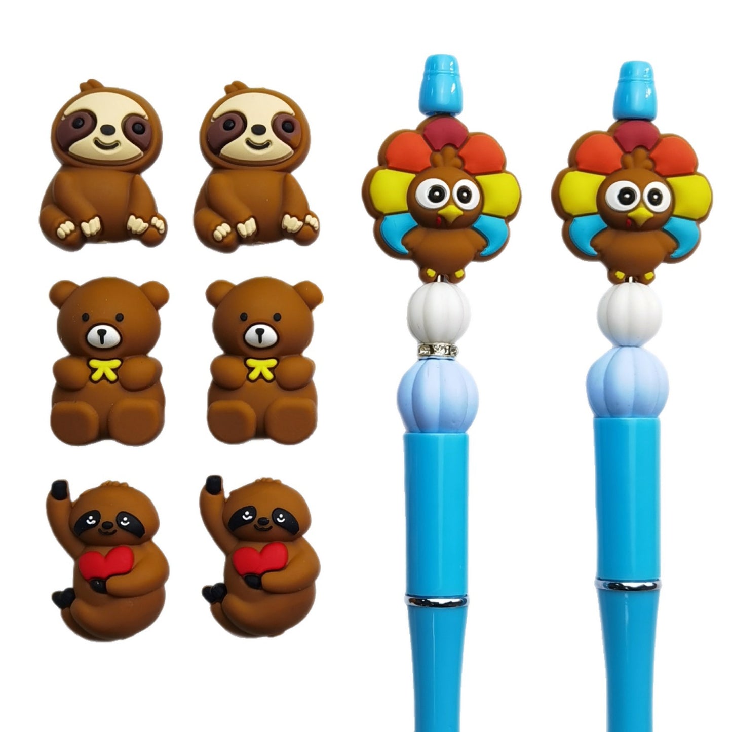 20Pcs Silicone 3D Focal Beads Cartoon Animal Teddy Bear Sloth Turkey