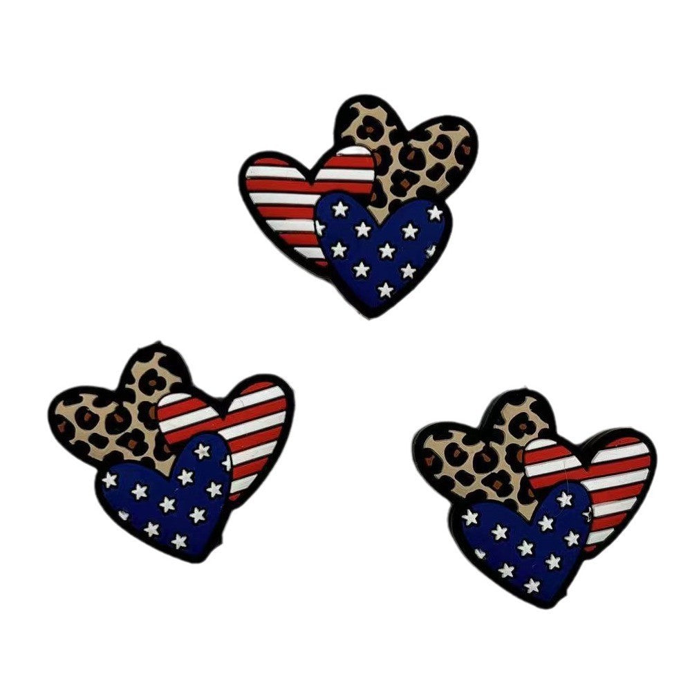 20pcs Silicone Focal Beads Independent Day US Flag Hearts Design 3