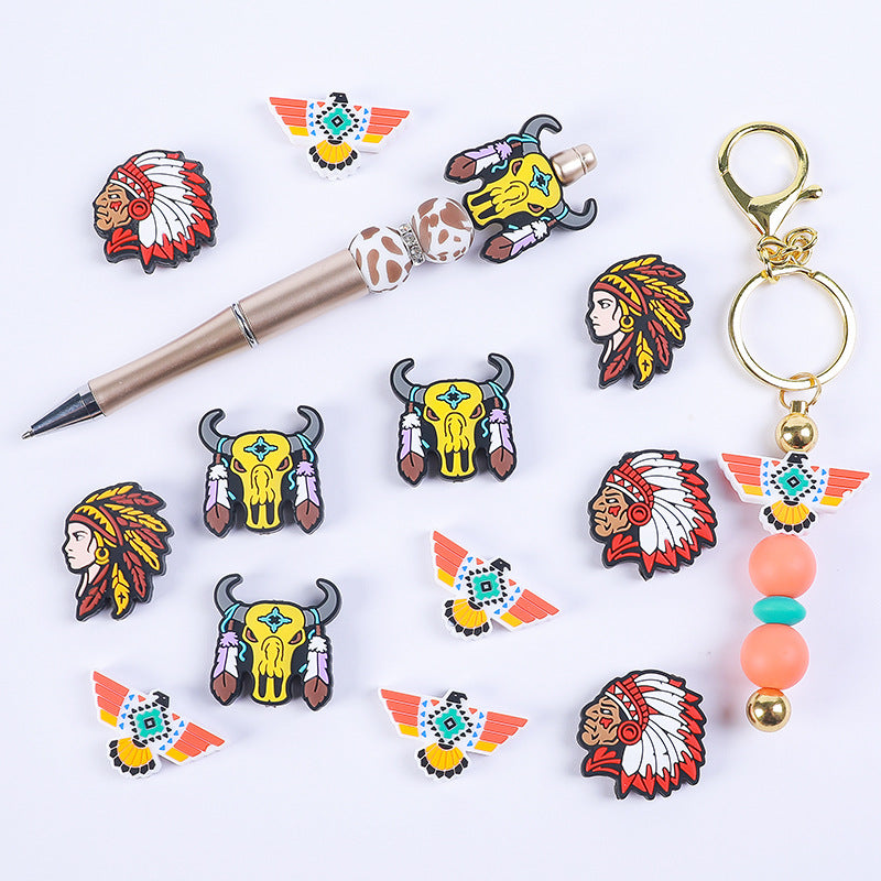 Silicone Focal Beads DIY Cow Skull Cartoon Figure Feathered Skull Design 3