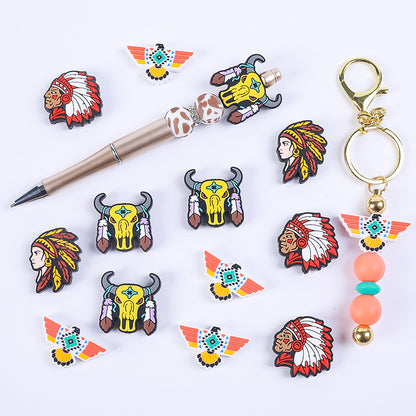 Silicone Focal Beads DIY Cow Skull Cartoon Figure Feathered Skull Design 3