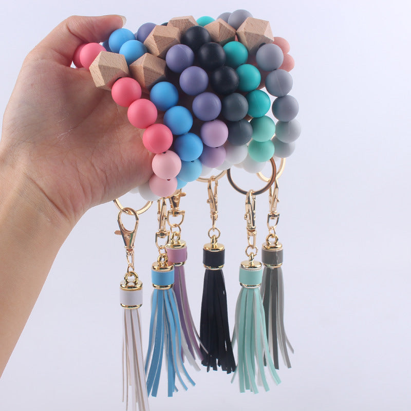 Tassel Silicone Bead Wristlet Keychain with Wooden Bead Charm 8cm 3