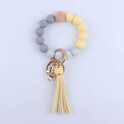 PU Leather Tassel Silicone Bead Wristlet Keychain Leopard Print 14