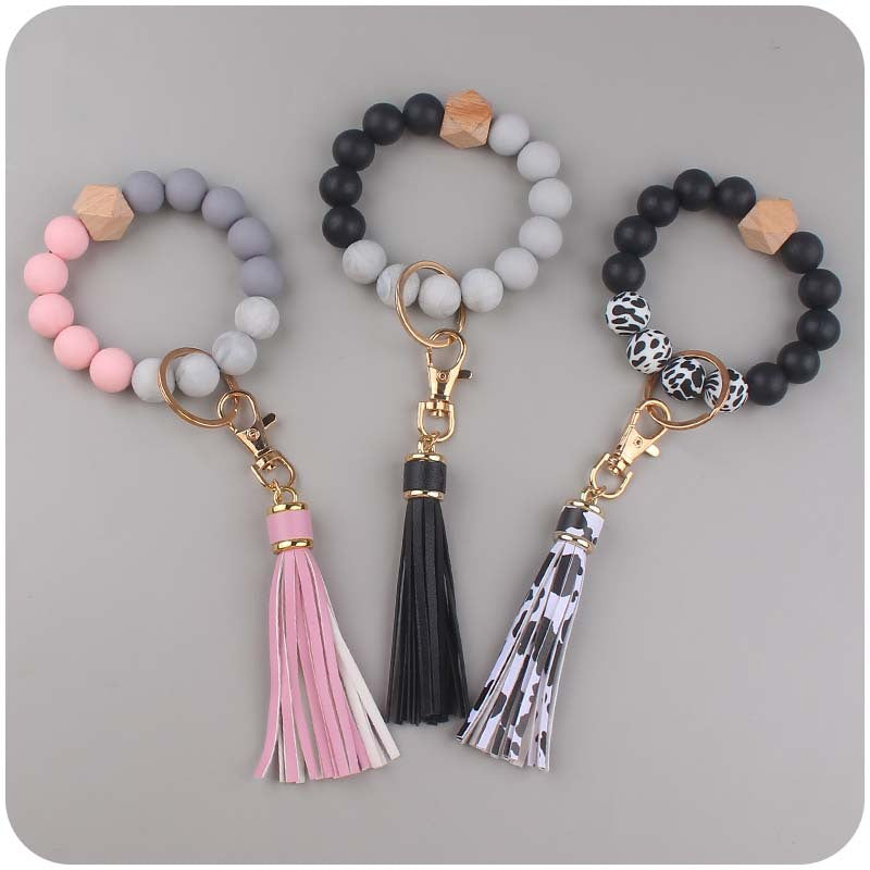 PU Tassel Silicone Bead Wristlet Keychain with Wooden Bead 2