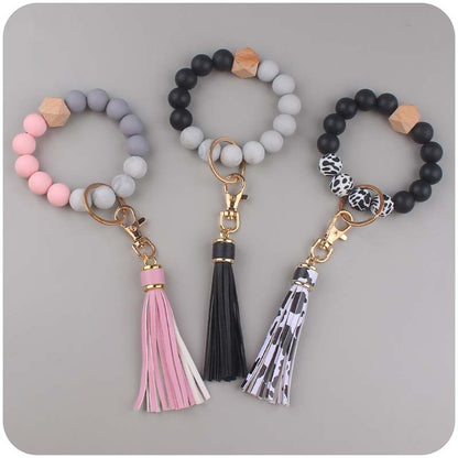 PU Tassel Silicone Bead Wristlet Keychain with Wooden Bead 2