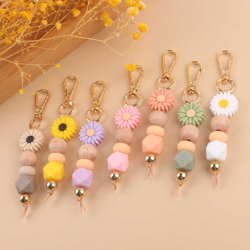 Daisy Silicone Bead Keychain with Wooden Round Bead Charm 2