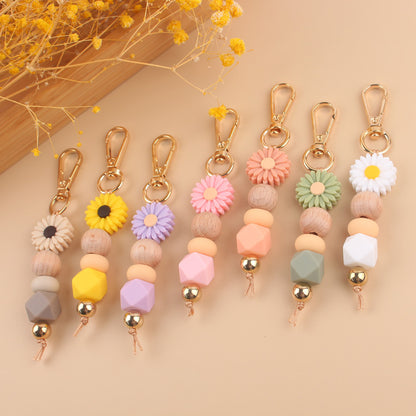 Daisy Silicone Bead Keychain with Wooden Round Bead Charm 2