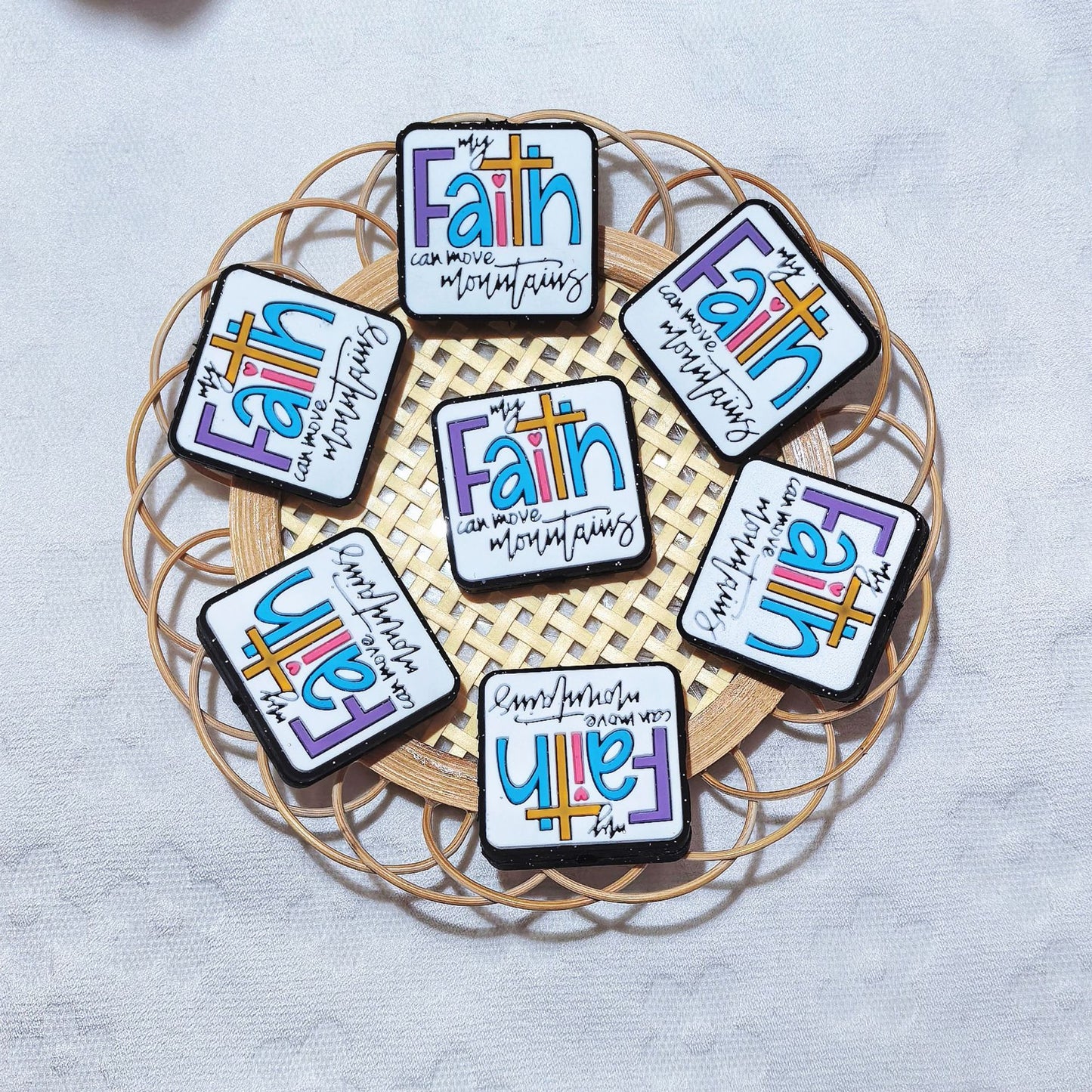 20Pcs Silicone Focal Beads Faith Square Flat Design 2