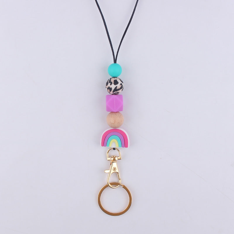 Rainbow Silicone Bead Keychain with Wooden Bead Charm 10