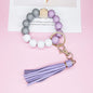 Wooden Bead Silicone Bead Wristlet Keychain with PU Leather Tassel 9