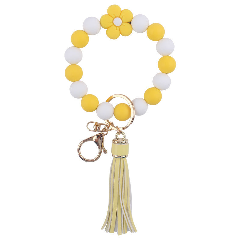 Flower Silicone Bead Wristlet Keychain with PU Leather Tassel 14
