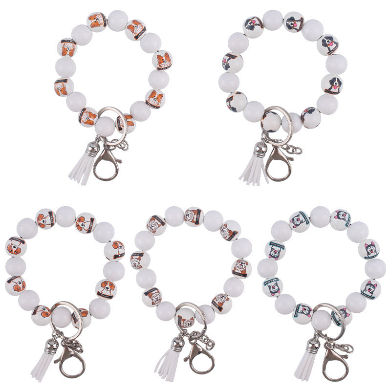 Wooden Dog Tassel Silicone Bead Wristlet Keychain with Charm