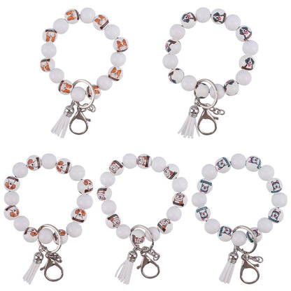 Wooden Dog Tassel Silicone Bead Wristlet Keychain with Charm