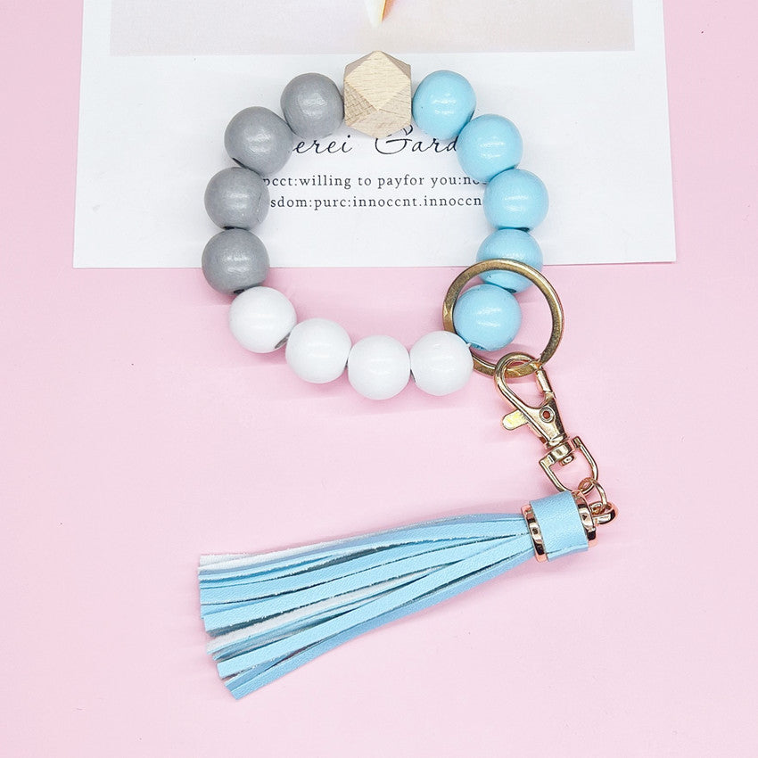 Wooden Bead Silicone Bead Wristlet Keychain with PU Leather Tassel 8