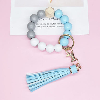 Wooden Bead Silicone Bead Wristlet Keychain with PU Leather Tassel 8