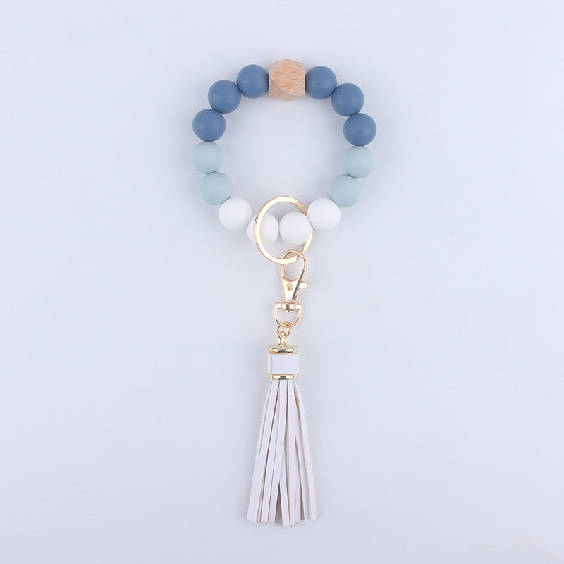 Tassel Silicone Bead Wristlet Keychain with Wooden Bead Charm 8cm 11