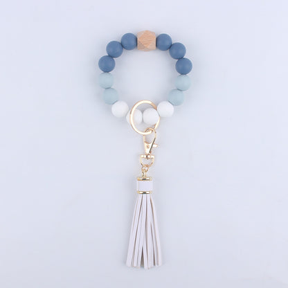 Tassel Silicone Bead Wristlet Keychain with Wooden Bead Charm 8cm 11