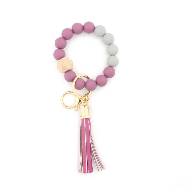 Silicone Bead Wristlet Keychain with Wooden Hexagon Bead Tassel 13