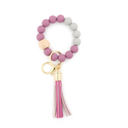 Silicone Bead Wristlet Keychain with Wooden Hexagon Bead Tassel 13