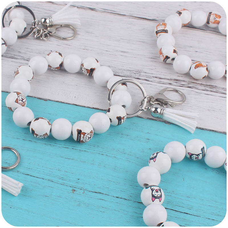Wooden Dog Tassel Silicone Bead Wristlet Keychain with Charm 3