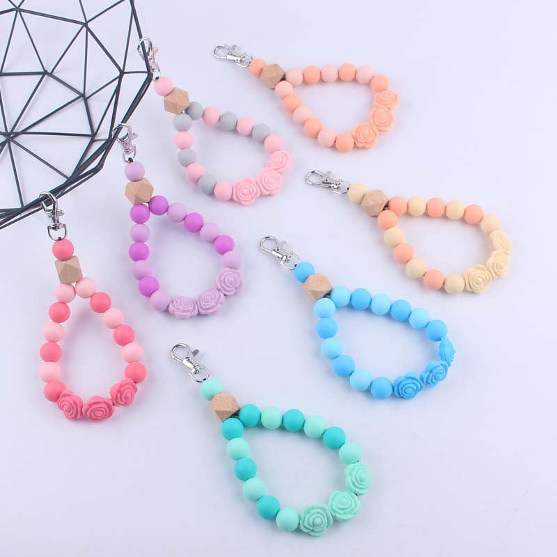 Rose Silicone Bead Wristlet Keychain with Wooden Accent Bead