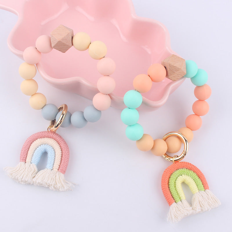 Rainbow Tassel Silicone Bead Wristlet Keychain with Wooden Accent 2