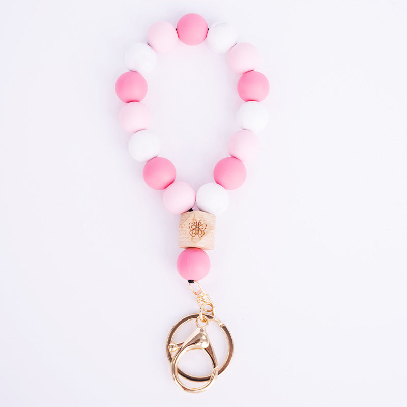 Silicone Bead Bracelet Keychain with Wooden Bead Accent 12