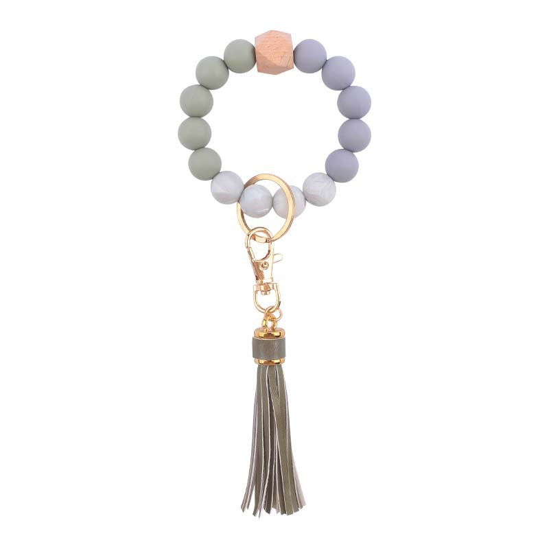 PU Tassel Silicone Bead Wristlet Keychain with Wooden Bead 21