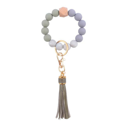 PU Tassel Silicone Bead Wristlet Keychain with Wooden Bead 21
