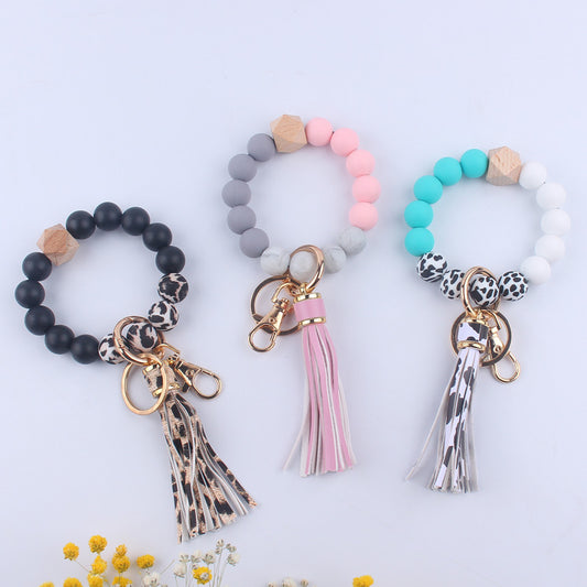 PU Leather Tassel Silicone Bead Wristlet Keychain Leopard Print