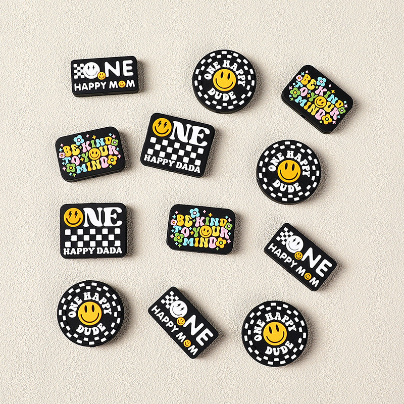 Silicone Focal Beads Cartoon Smiley Face Printed Text Design 2