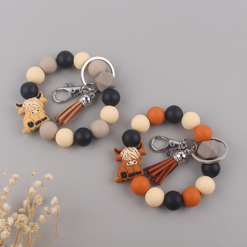 Yak Silicone Bead Wristlet Keychain with Tassel Charm