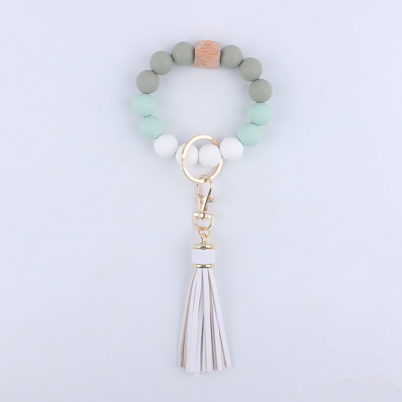 Tassel Silicone Bead Wristlet Keychain with Wooden Bead Charm 8cm 14