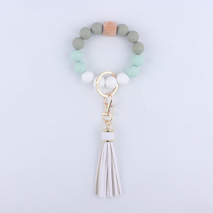 Tassel Silicone Bead Wristlet Keychain with Wooden Bead Charm 8cm 14