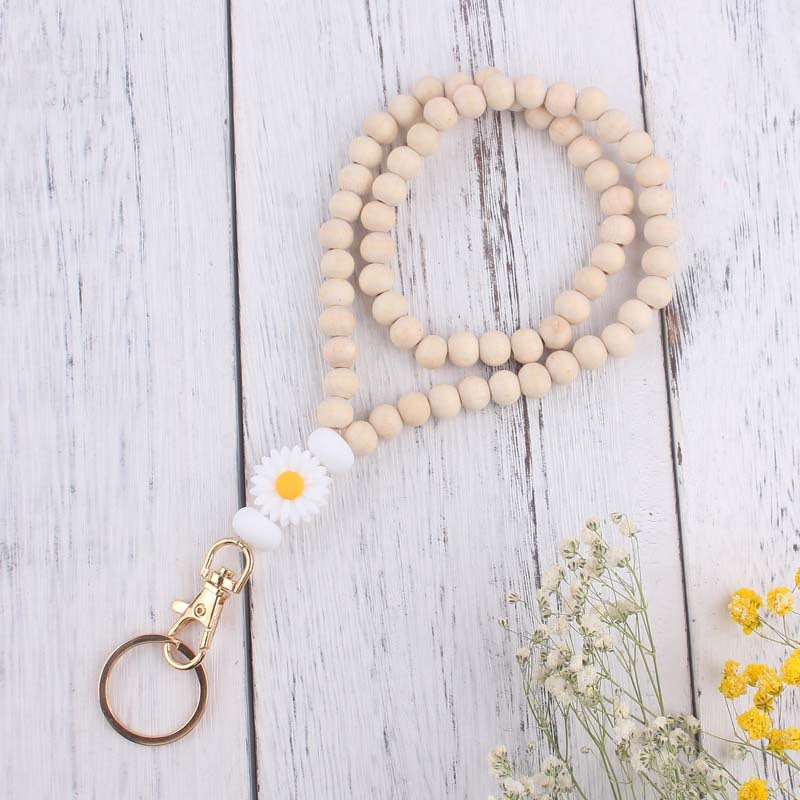 Daisy Silicone Bead Wristlet Keychain with Wooden Beads