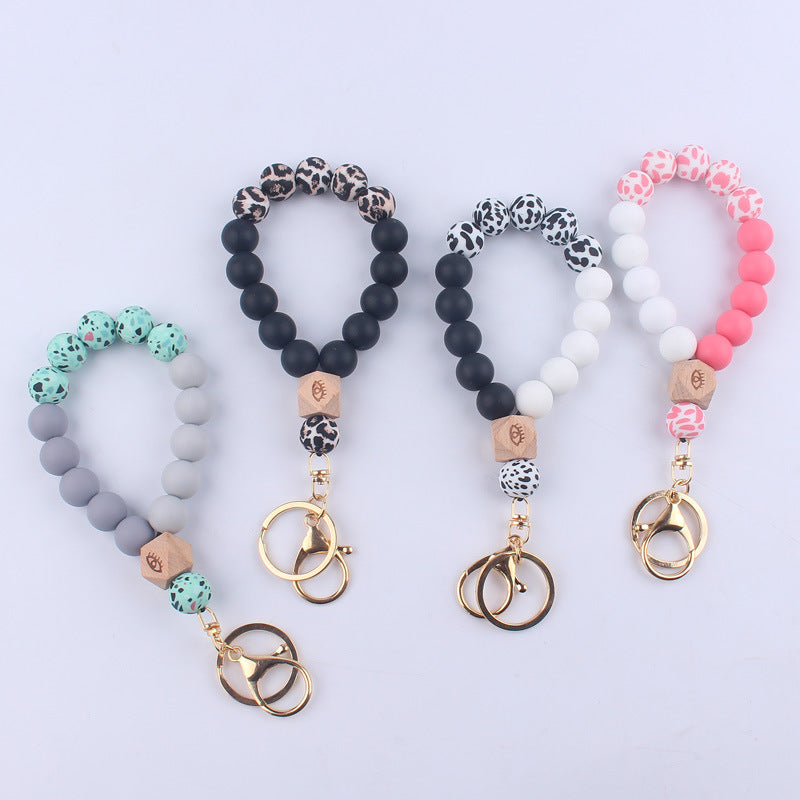 Octagonal Silicone Bead Wristlet Keychain with Wooden Accent 2