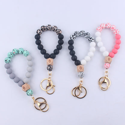 Octagonal Silicone Bead Wristlet Keychain with Wooden Accent 2
