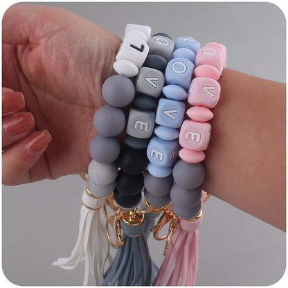Letter LOVE Silicone Bead Wristlet Keychain PU Leather Tassel 2