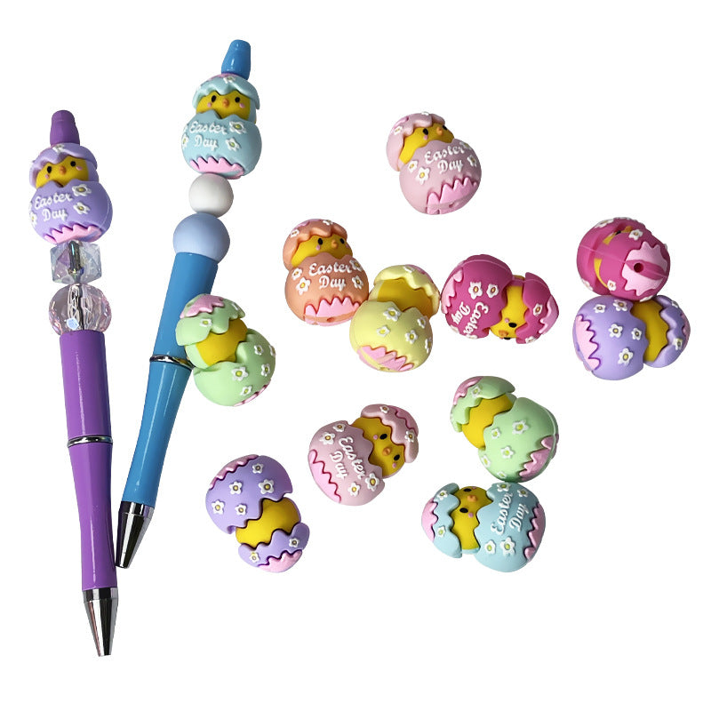 20Pcs Silicone 3D Focal Beads Easter Chicken Hatching Eggs With Printed Text 3