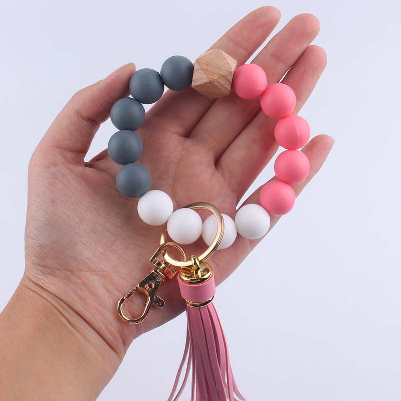 Octagonal Silicone Bead Wristlet Keychain with Tassel Charm 3