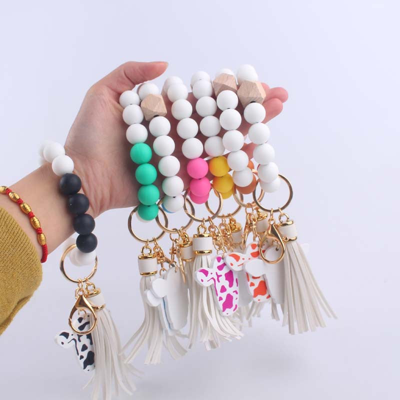 Western Cow Silicone Bead Wristlet Keychain PU Leather Tassel 2