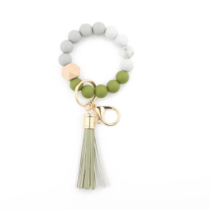 Silicone Bead Wristlet Keychain with Wooden Hexagon Bead Tassel 15