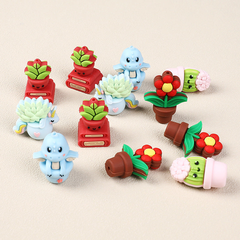 20Pcs Silicone 3D Focal Beads Cactus Flower Pot With Various Designs 2